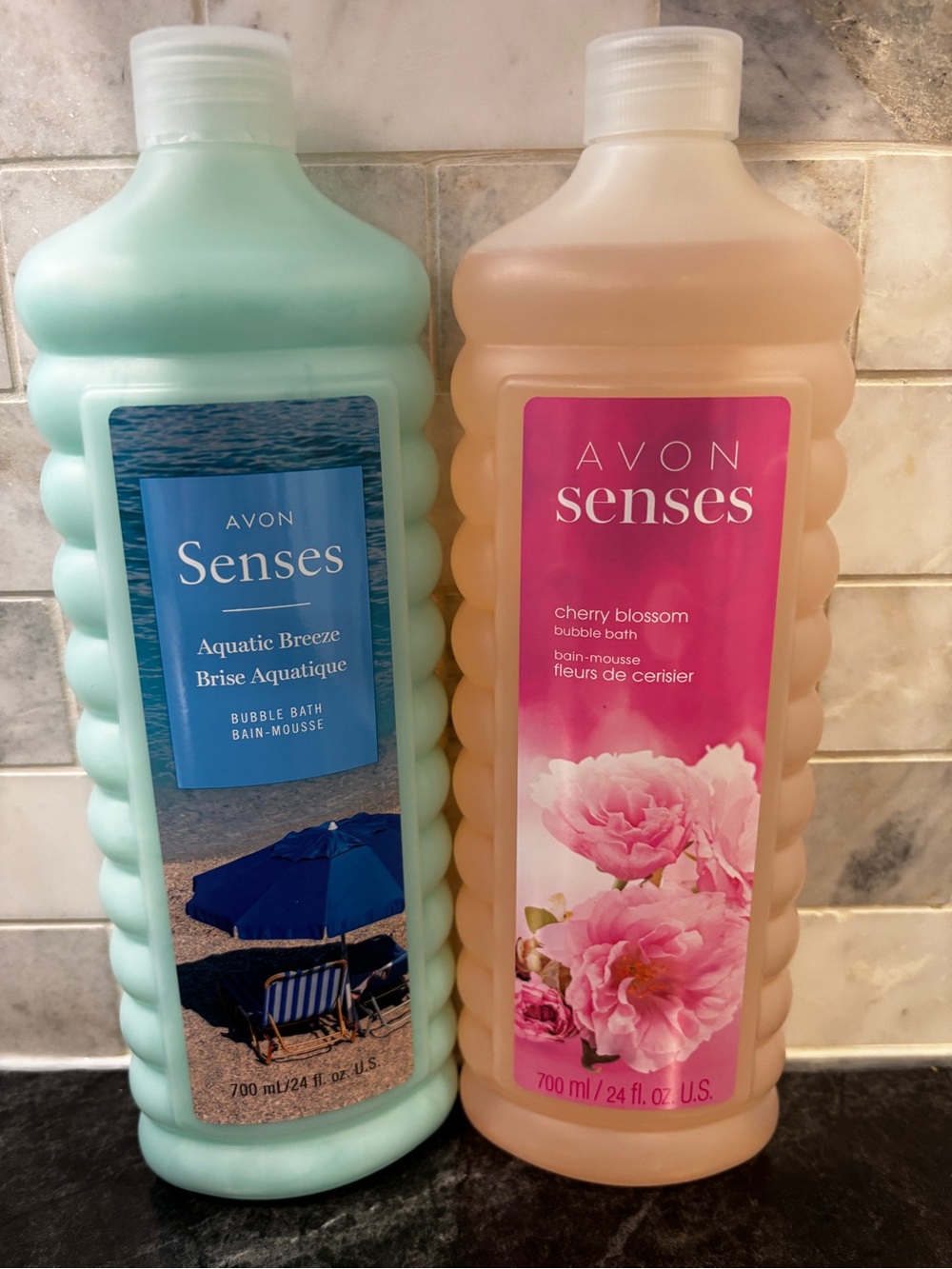 Avon Senses Bubble Baths - Aqua & Pink Bottles